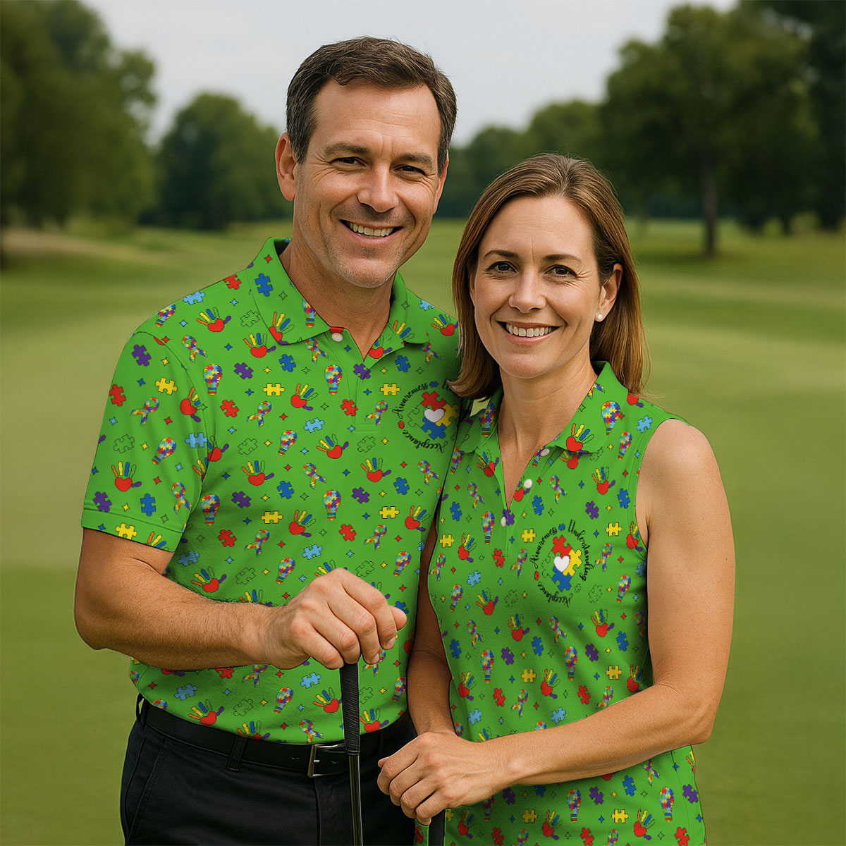 Awareness Understanding Acceptance Autism Ribbon Green Golf Shirt, Autism Awareness Colors Women's Golf Tops