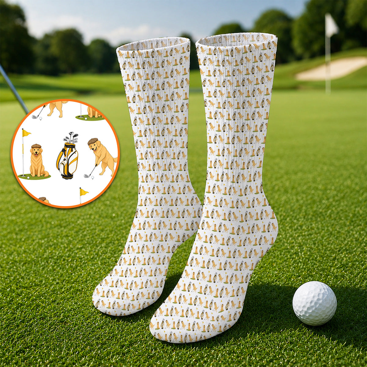 Golden Retriever Pattern Golf Sock, Funny Dog Golf Socks, Crazy Golf Gift For Golfer