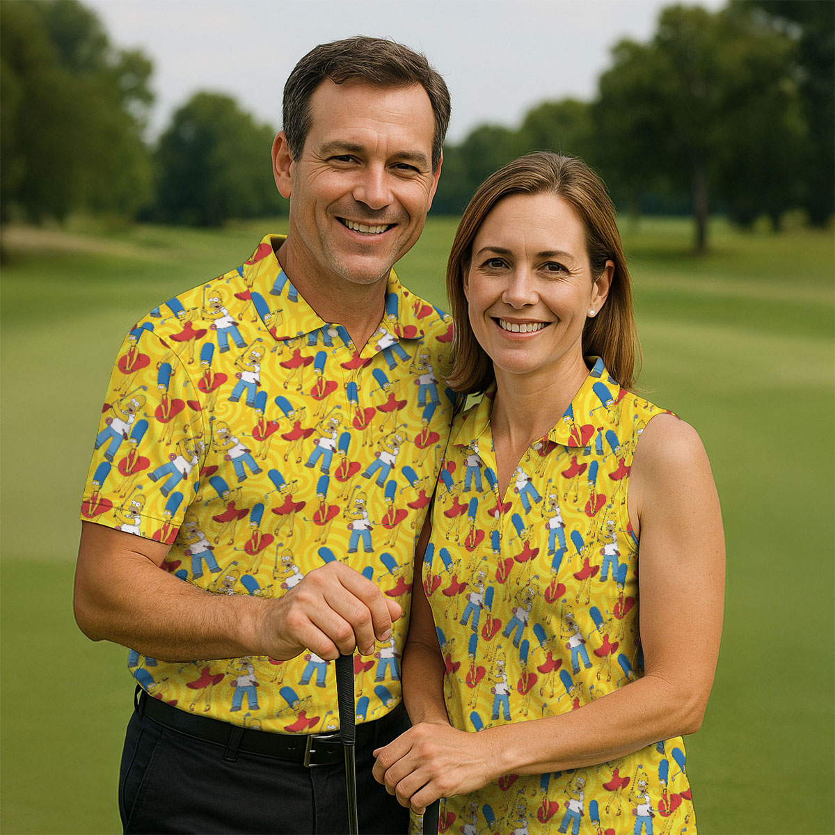 Funny Cartoon Couple Golf Pattern Polo Shirt, Mens Golf Polo, Golf Apparel For Men