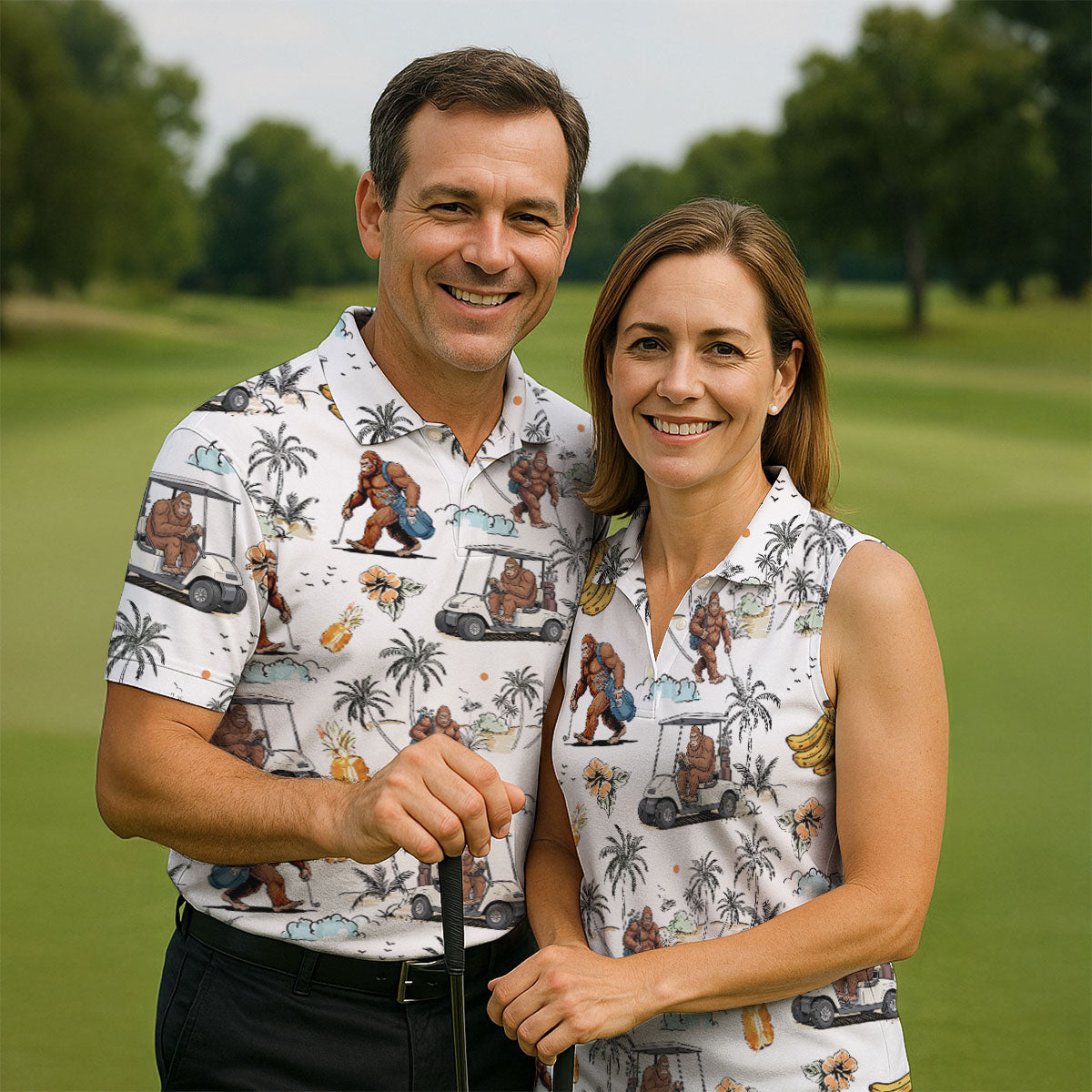 Funny Bigfoot Fruit Flower Hawaiian Golf Polo, Women's Golf Tops, Ladies Golf Shirts, Golfing Apparel