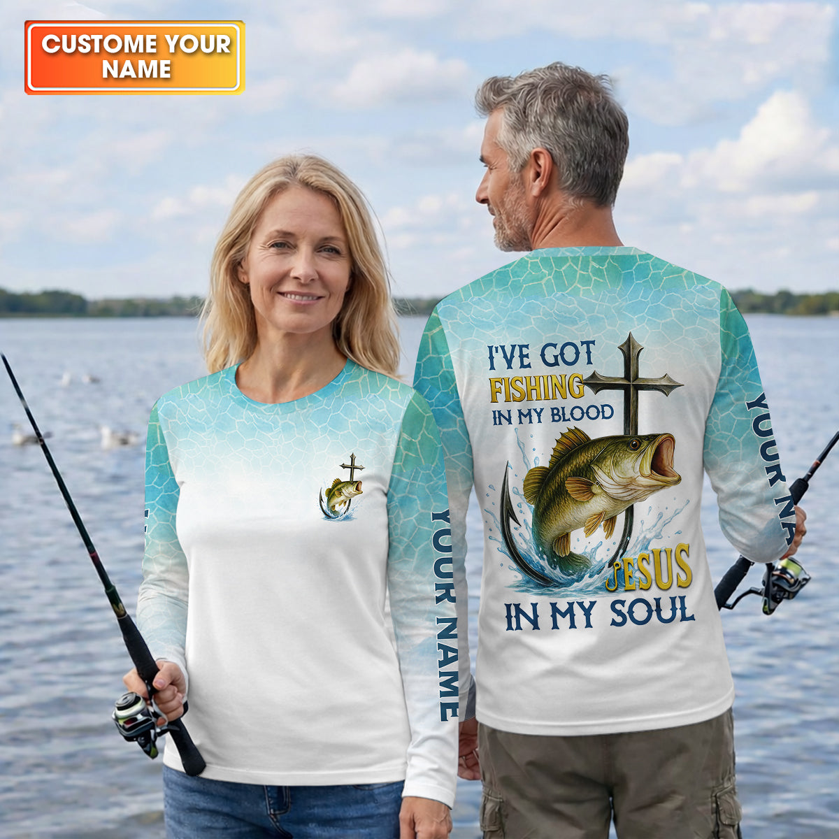 I've Got Fishing In My Blood Jesus In My Soul Faith Cross Christian Fishing UPF Shirts, Women Fishing Shirt