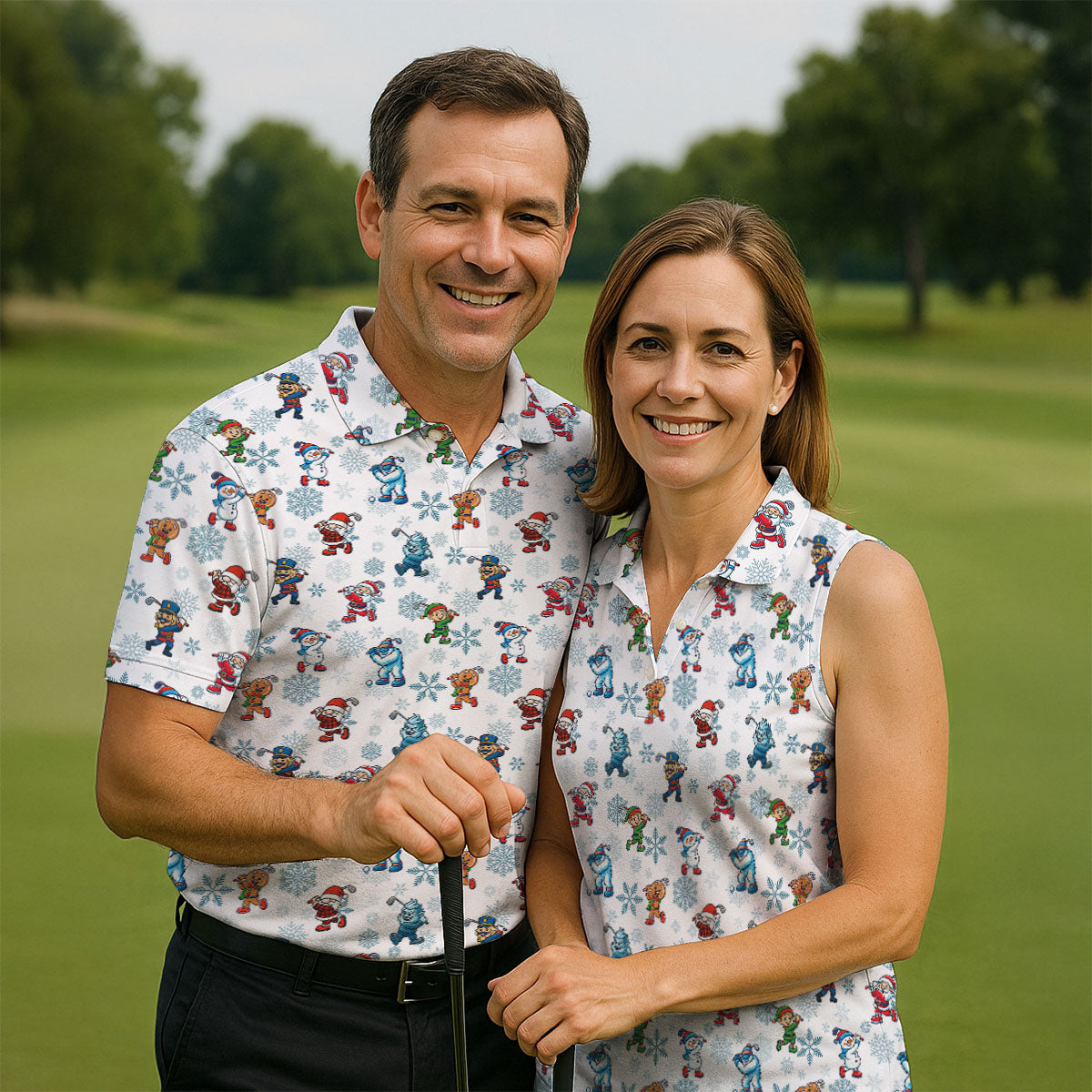 Christmas Characters Golf Pose Funny Golf Shirts, Christmas Golf Shirt, Couple Golf Shirt, Matching Golf Shirt