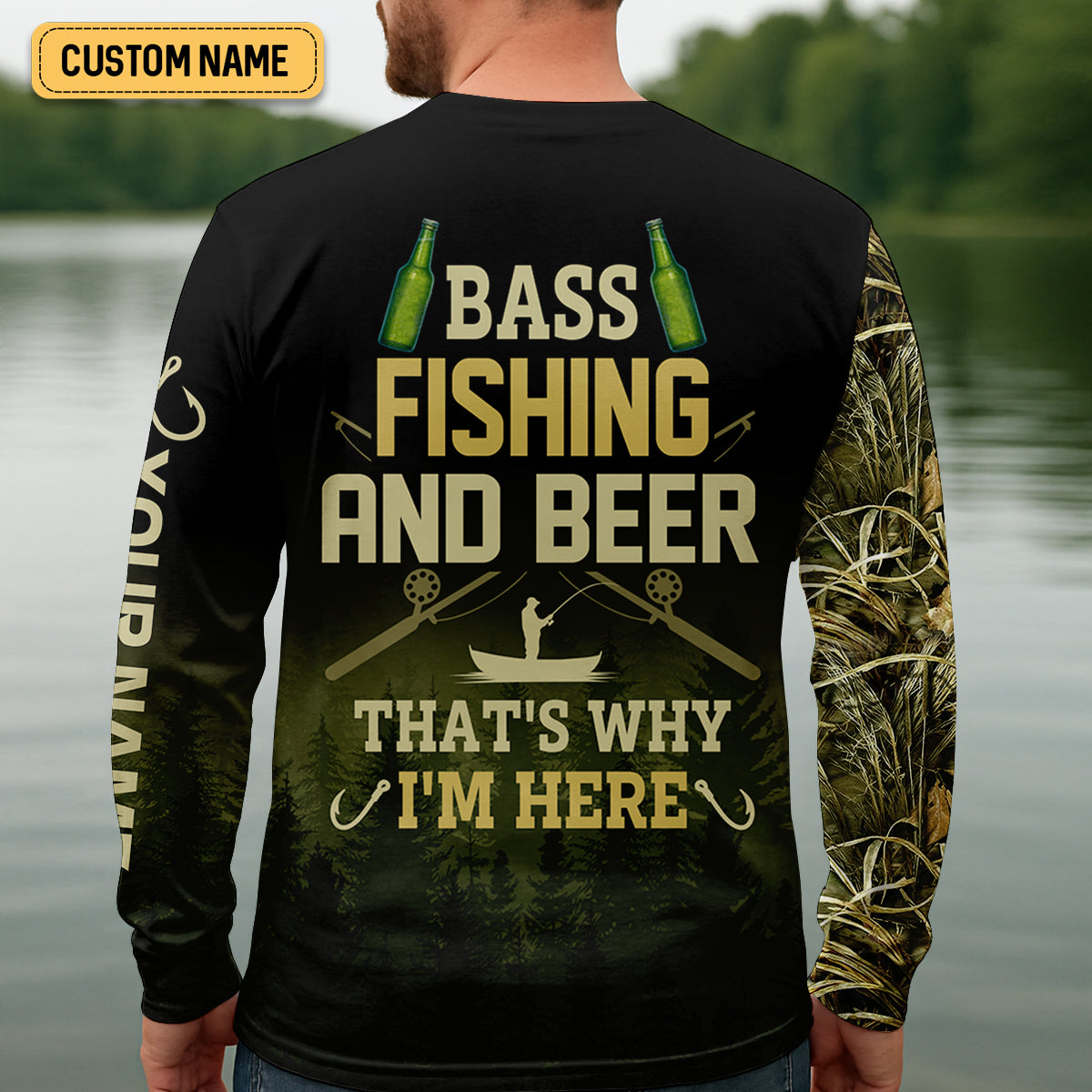 Bass Fishing And Beer That's Why I'm Here Camouflage Fishing Shirts, Funny Fishing Shirt, SPF Shirt For Men