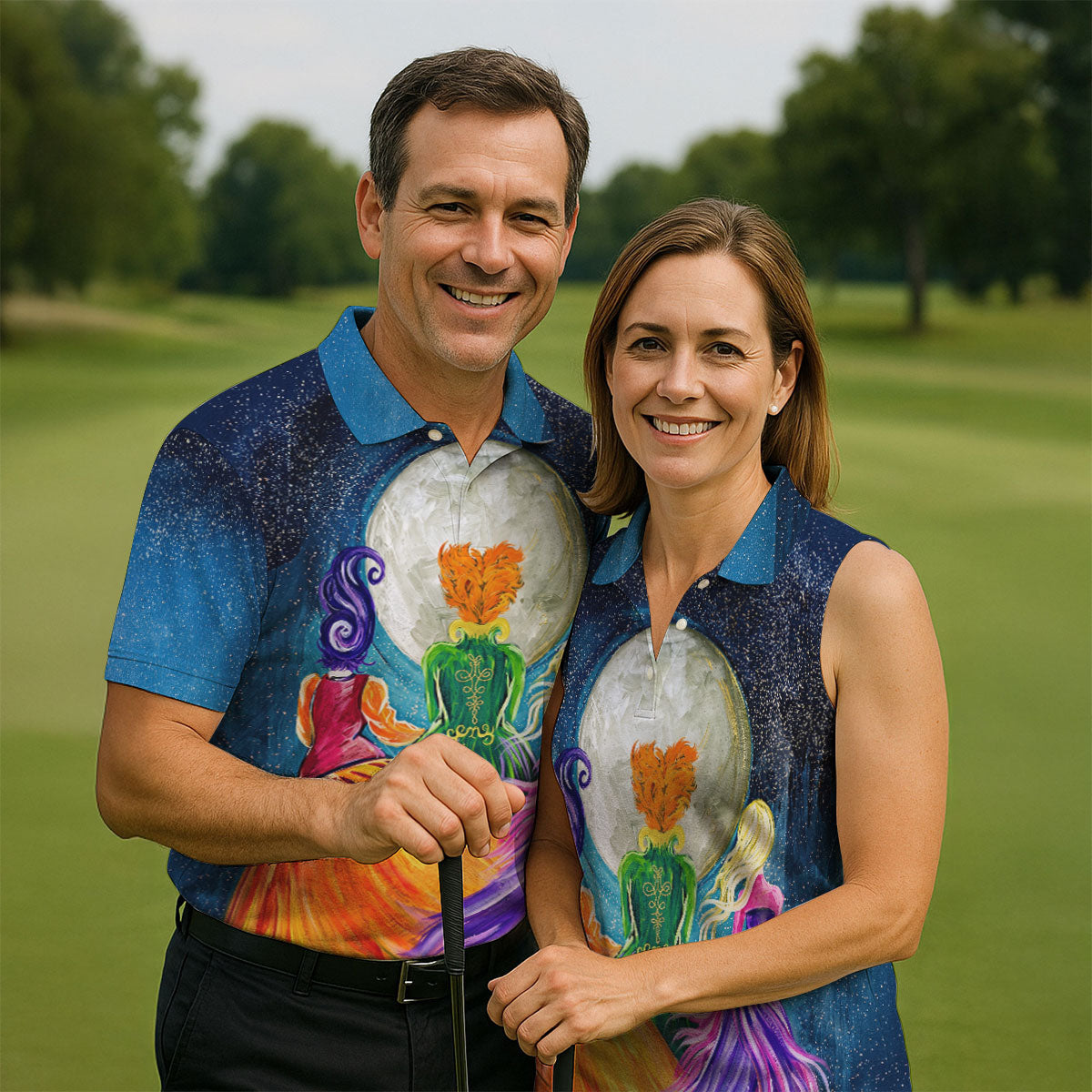 Moonlit Witch Sisters Halloween Polo Shirt, Golf Polo Shirts For Men, Mens Golf Apparel