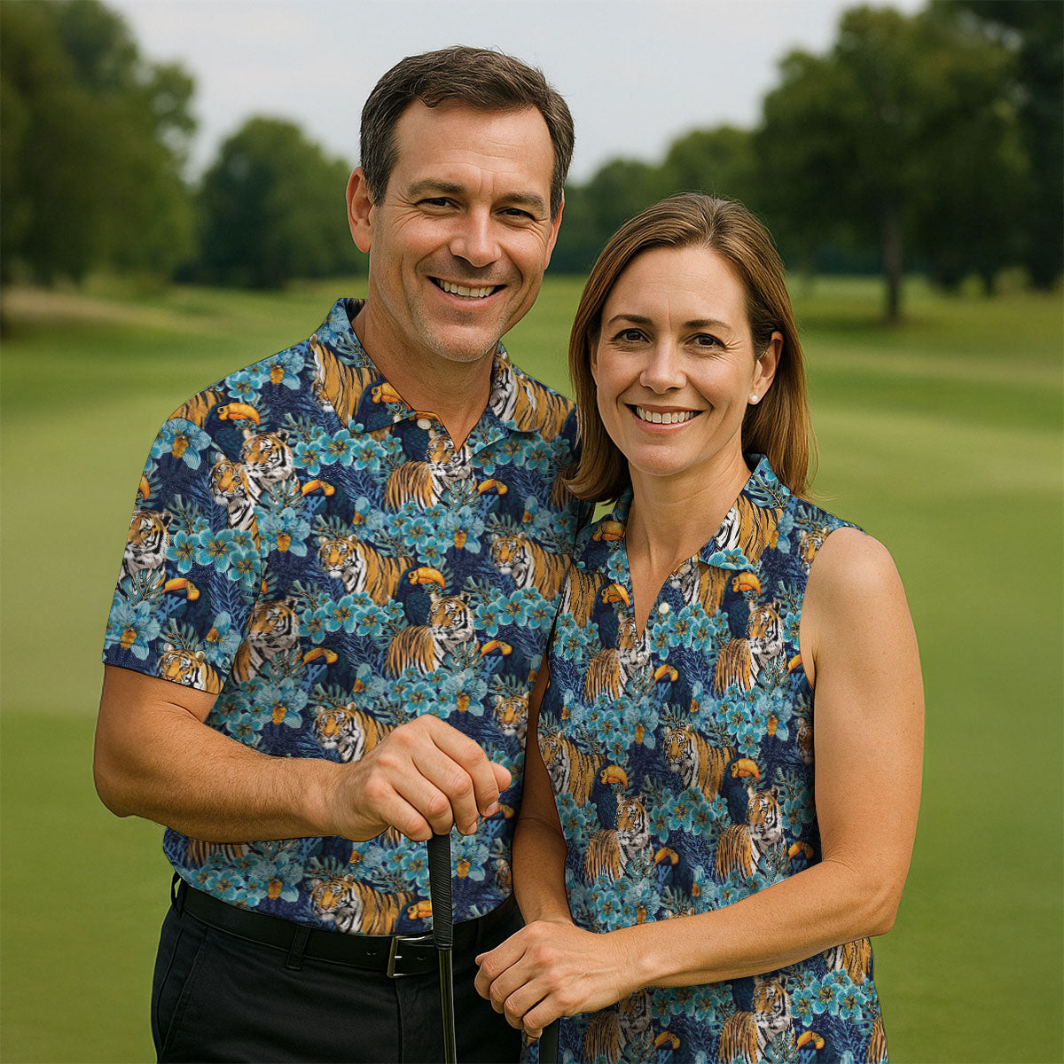 Tiger And Toucan Tropical Foliage Hawaiian Golf Shirt, Polo Shirts For Men, Golfing Apparel