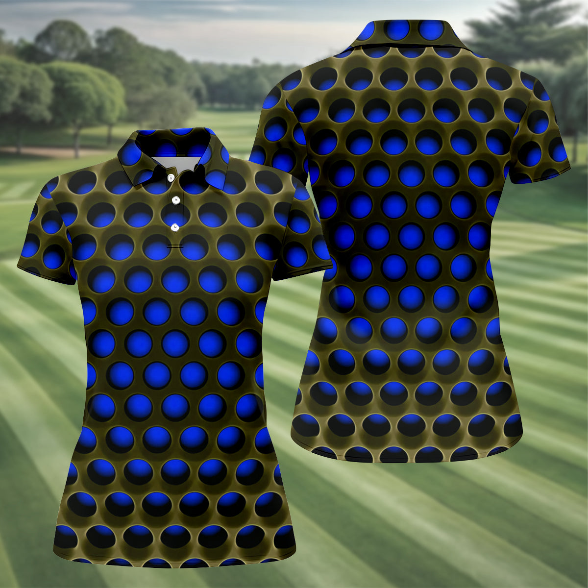3D Effect Circular Pattern Navy Golf Shirt, Cool Golf Outfit, Women Golf Top, Ladies Golf Shirts