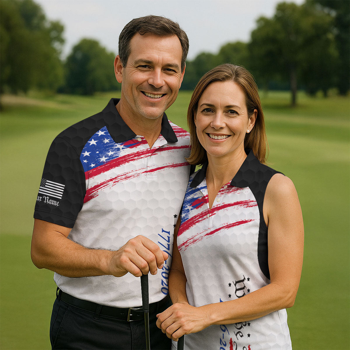 We The People 1776-2926 American Flag Brush Black Golf Shirt, 250 Years Patriotic 4th Of July Golf Shirt For Women