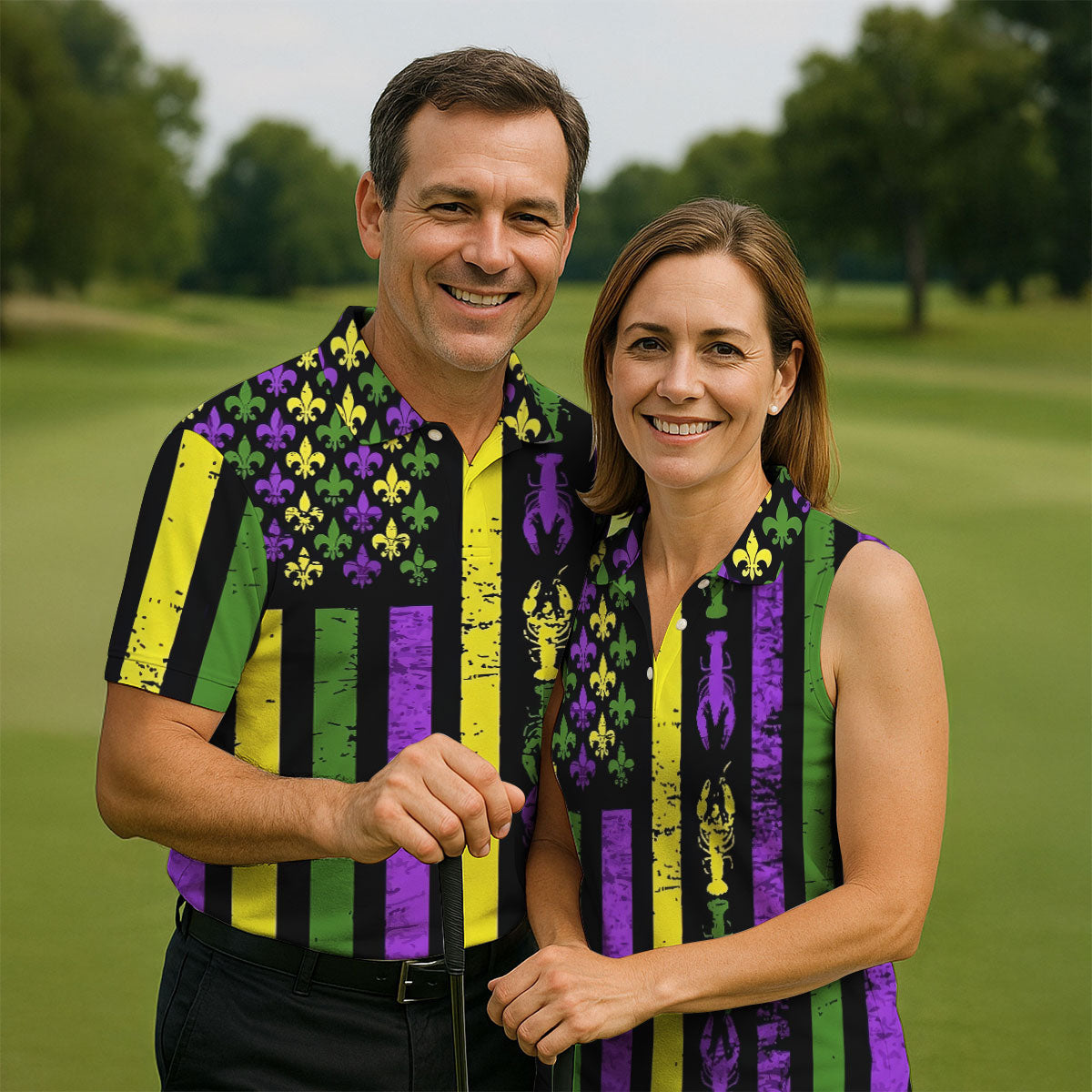 Mardi Gras Flag Fleur-De-Lis Symbol Crawfish Pattern Women's Golf Tops, Women's Golf Shirts, Ladies Golf Polos