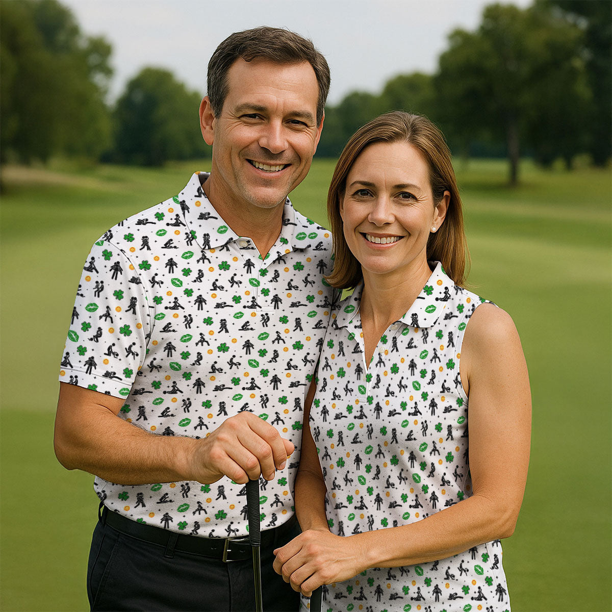 Funny Stick Figure Naughty Position Shamrock St Patrick's Day Golf Shirt, Women's Golf Tops, Ladies Golf Shirts