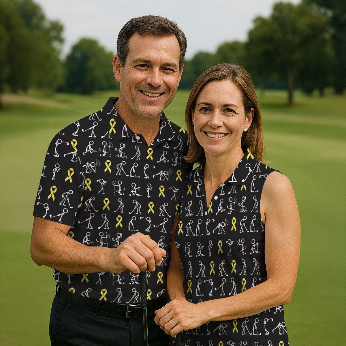 Funny Stick Figure Women's Golf Shirt, Childhood Cancer Awareness Shirt, Yellow Ribbon Golf Shirts For Women