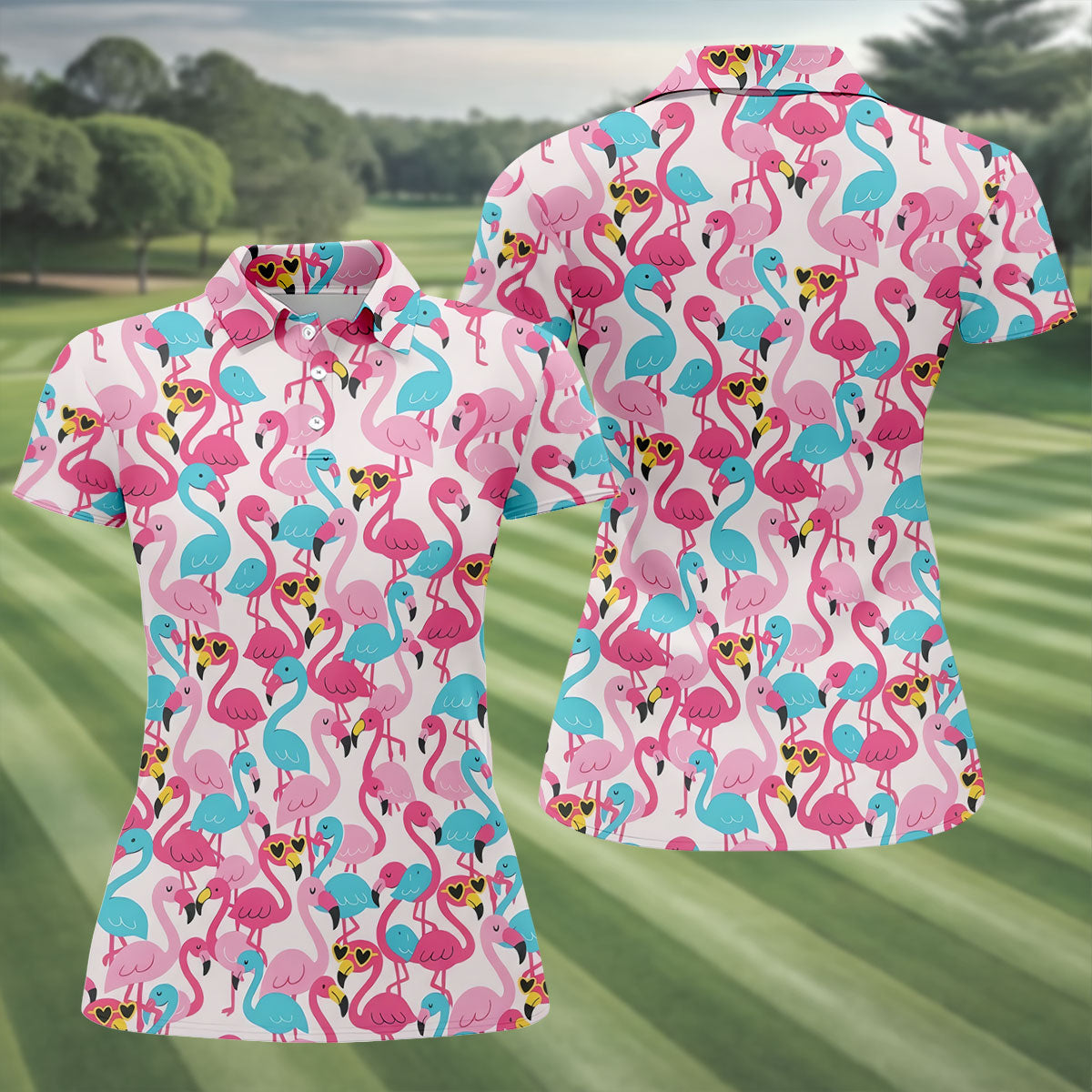 Cute Pink Flamingo Pattern Golf Polo Shirt, Womens Golf Polo, Golf Shirts For Women