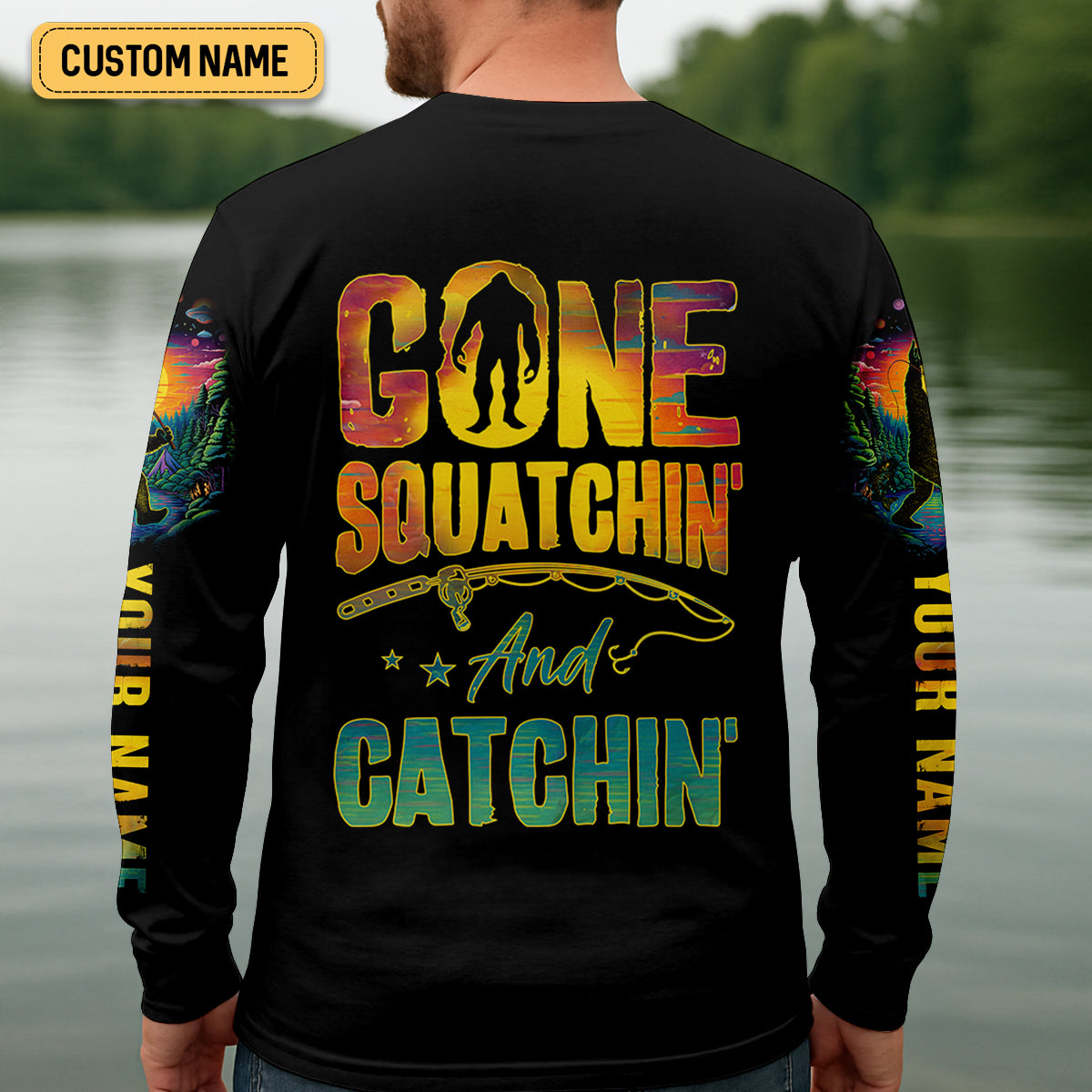 Gone Squatchin And Catching Alien Bigfoot Funny Fishing Shirt, SPF Shirt For Men, Fishing Shirts For Men