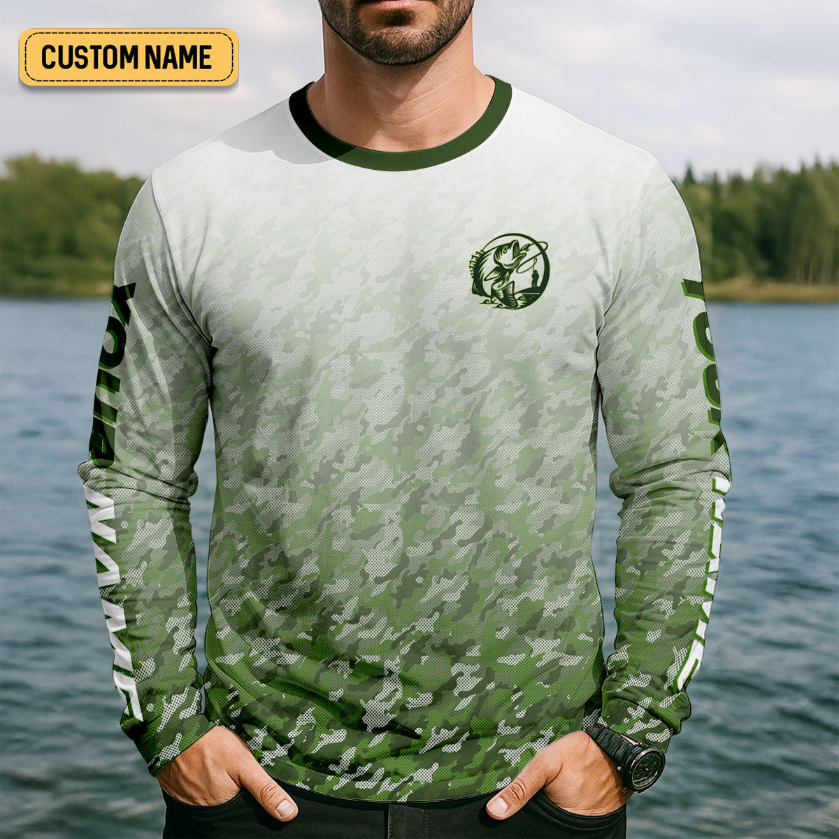 Custom Largemouth Bass Fishing Shirt for Men, Camo Green Angler Shirt, Fishing UPF Shirts