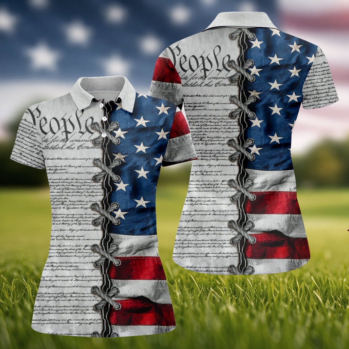 We The People Preamble Patriotic 4th Of July Grey Golf Shirt, 250th Anniversary Women's Golf Tops