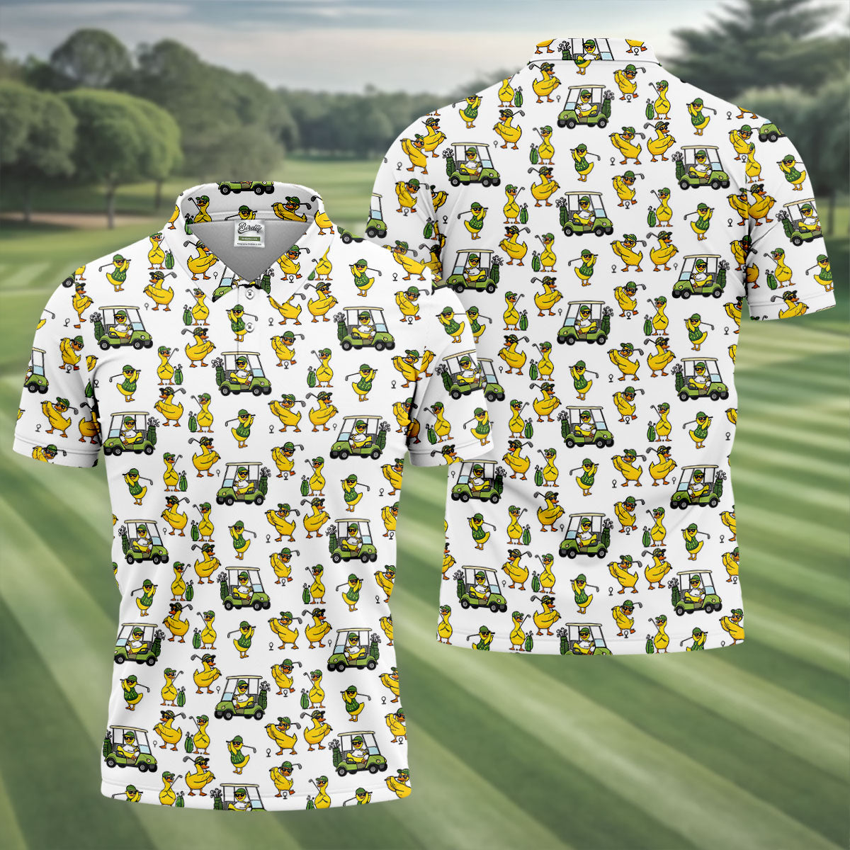 Funny Golfing Duck And Golf Cart Pattern Polo Shirt, Mens Golf Polo, Golf Shirts For Men