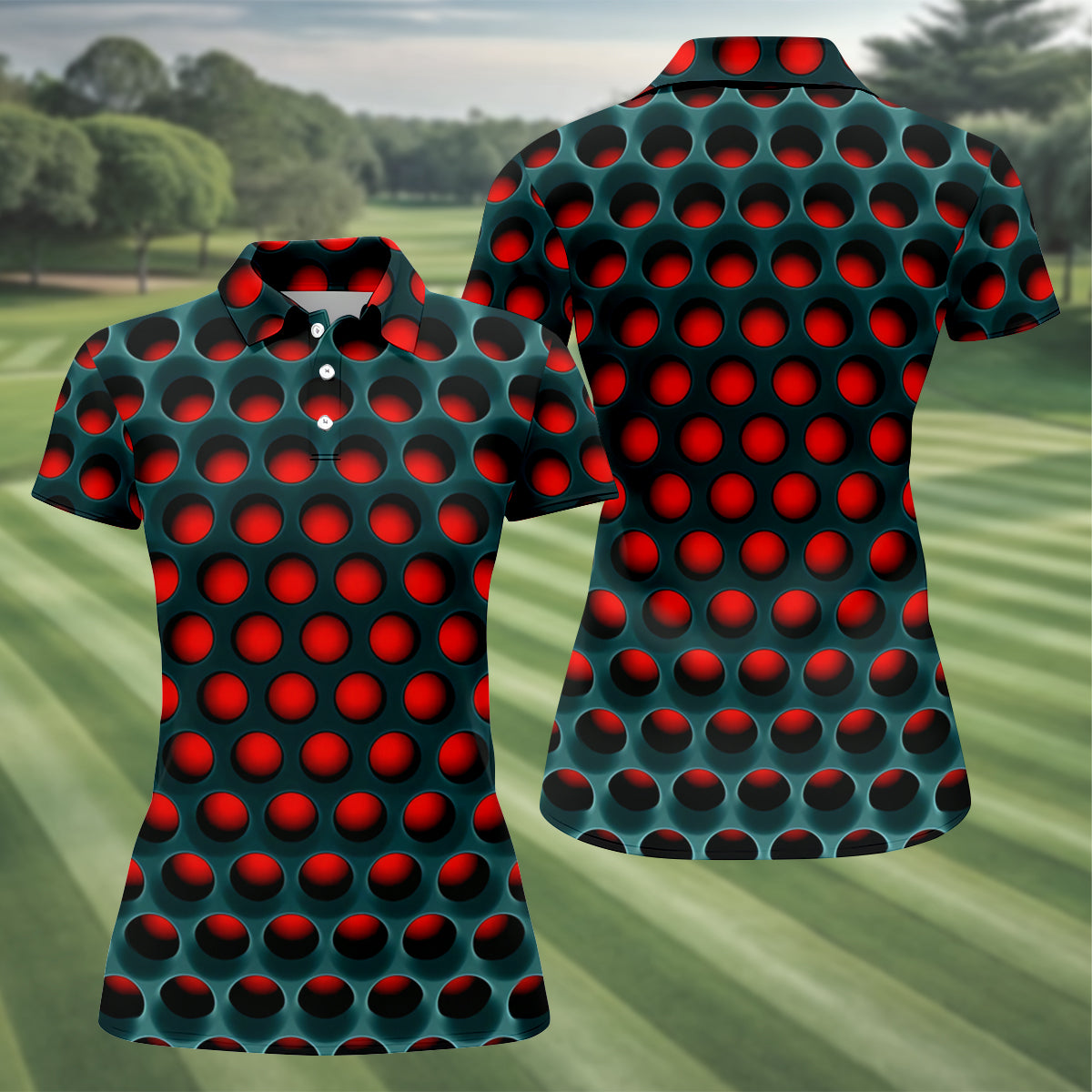 3D Effect Circular Pattern Red Golf Shirt, Cool Golf Outfit, Women Golf Top, Ladies Golf Shirts