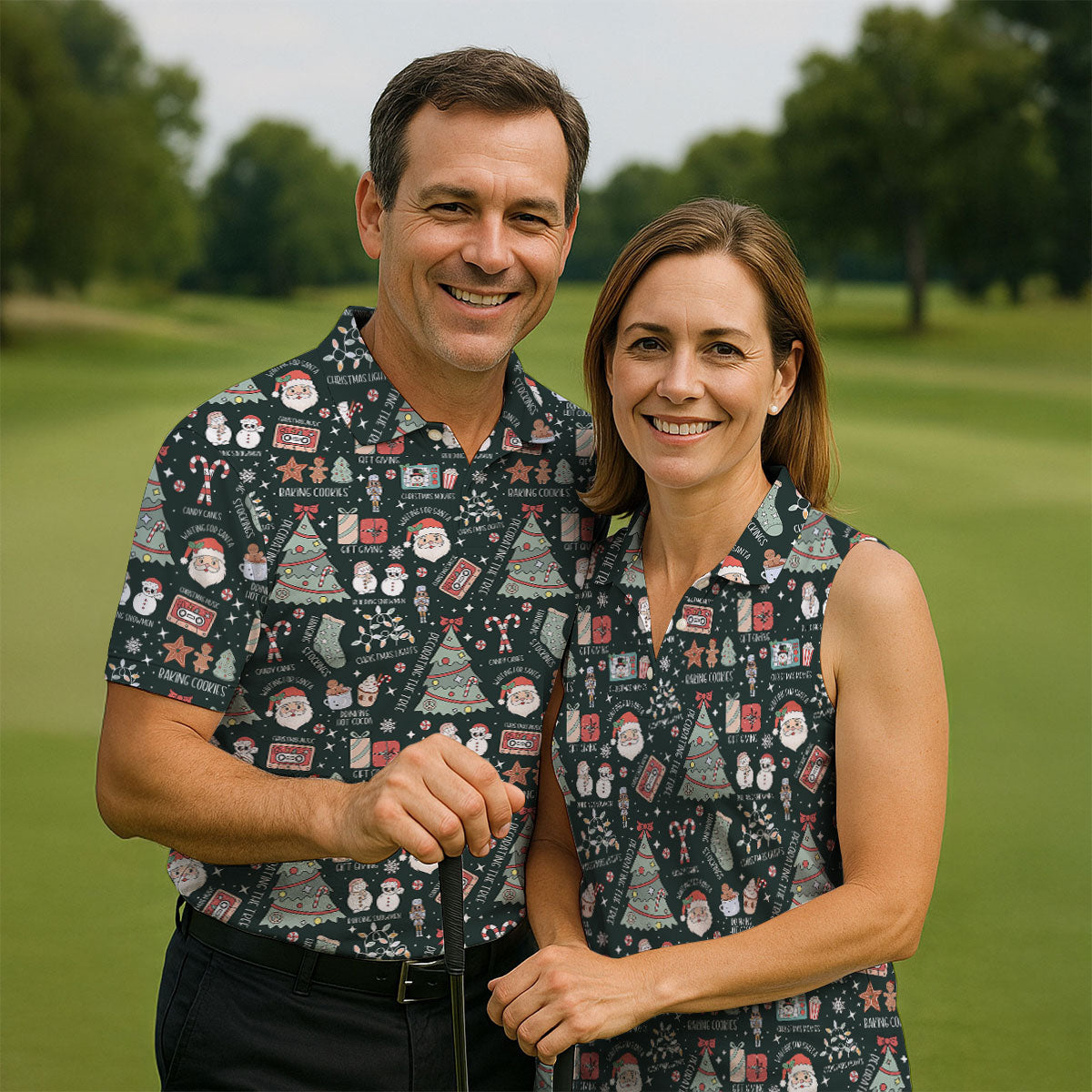 Cute Santa Claus Gift Green Men's Golf Polo Shirts, Christmas Golf Shirt, Polo Shirts For Men
