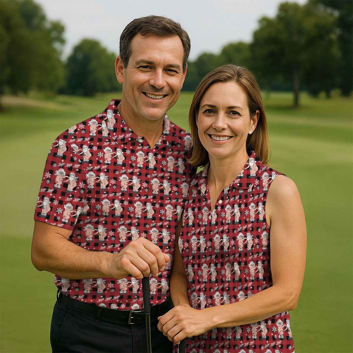 Ho Ho Ho Naughty Couple Funny Santa Christmas Golf Shirt, Fun Golf Shirts For Men, Polo Shirts For Men