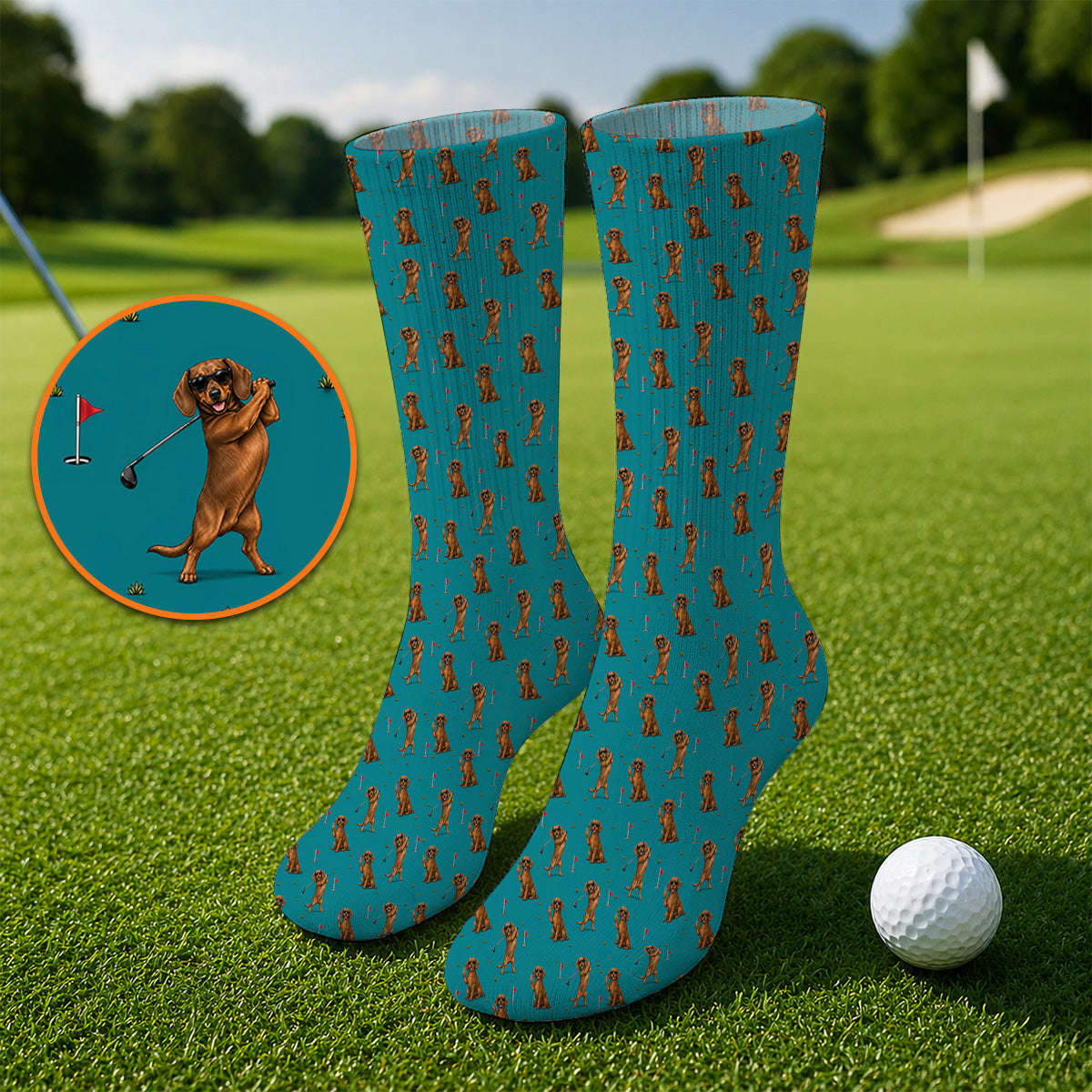 Wiener Dog Golf Pattern Sock, Dachshund Lover Golf Socks, Unique Golf Gift For Golfer