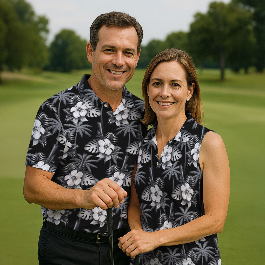 White Hibicus Black Hawaiian Golf Shirt, Tropical Summer Theme Golf Shirts For Men
