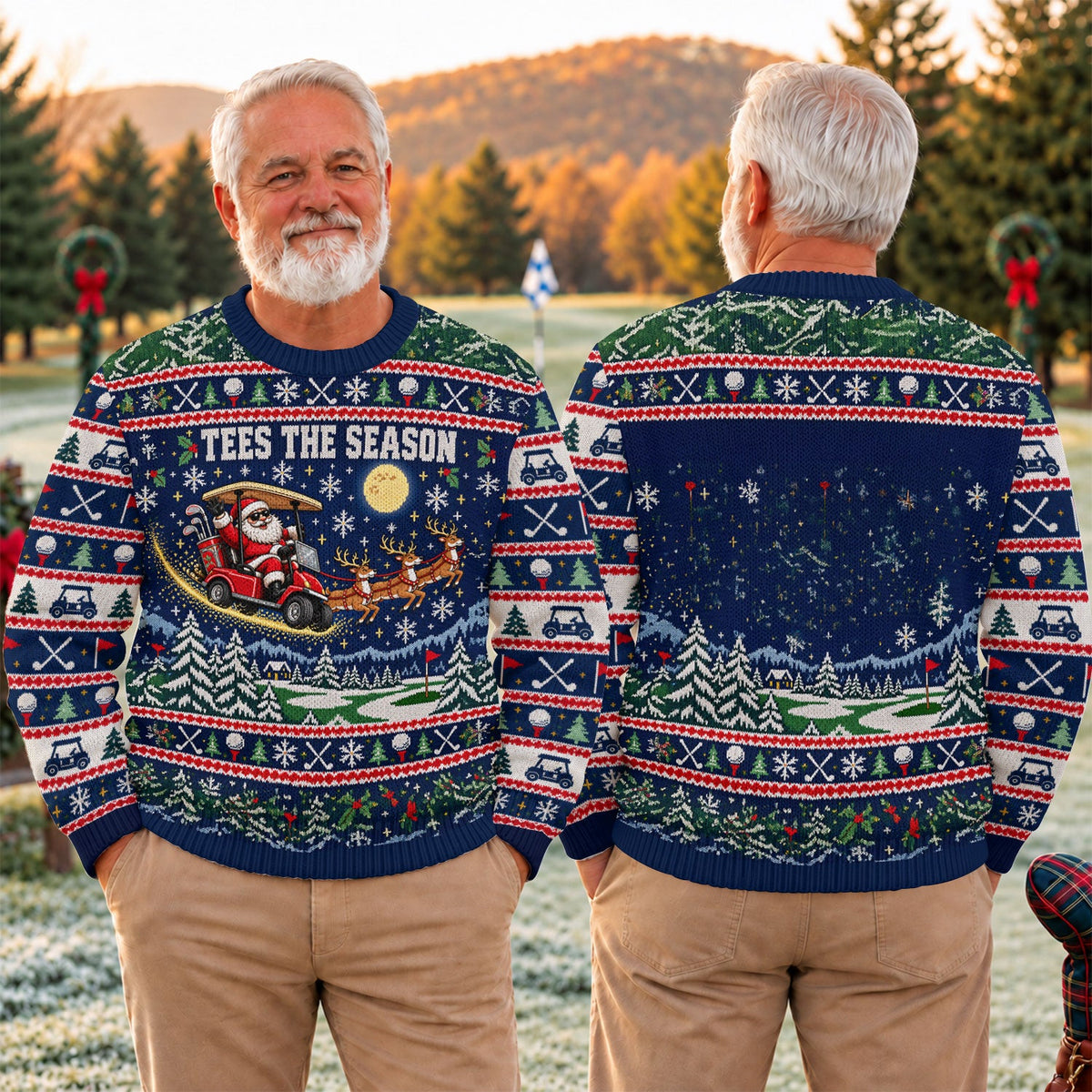 Tees The Season Santa Golf Cart Ugly Christmas Sweater, Golf Apparel, Holiday Gifts