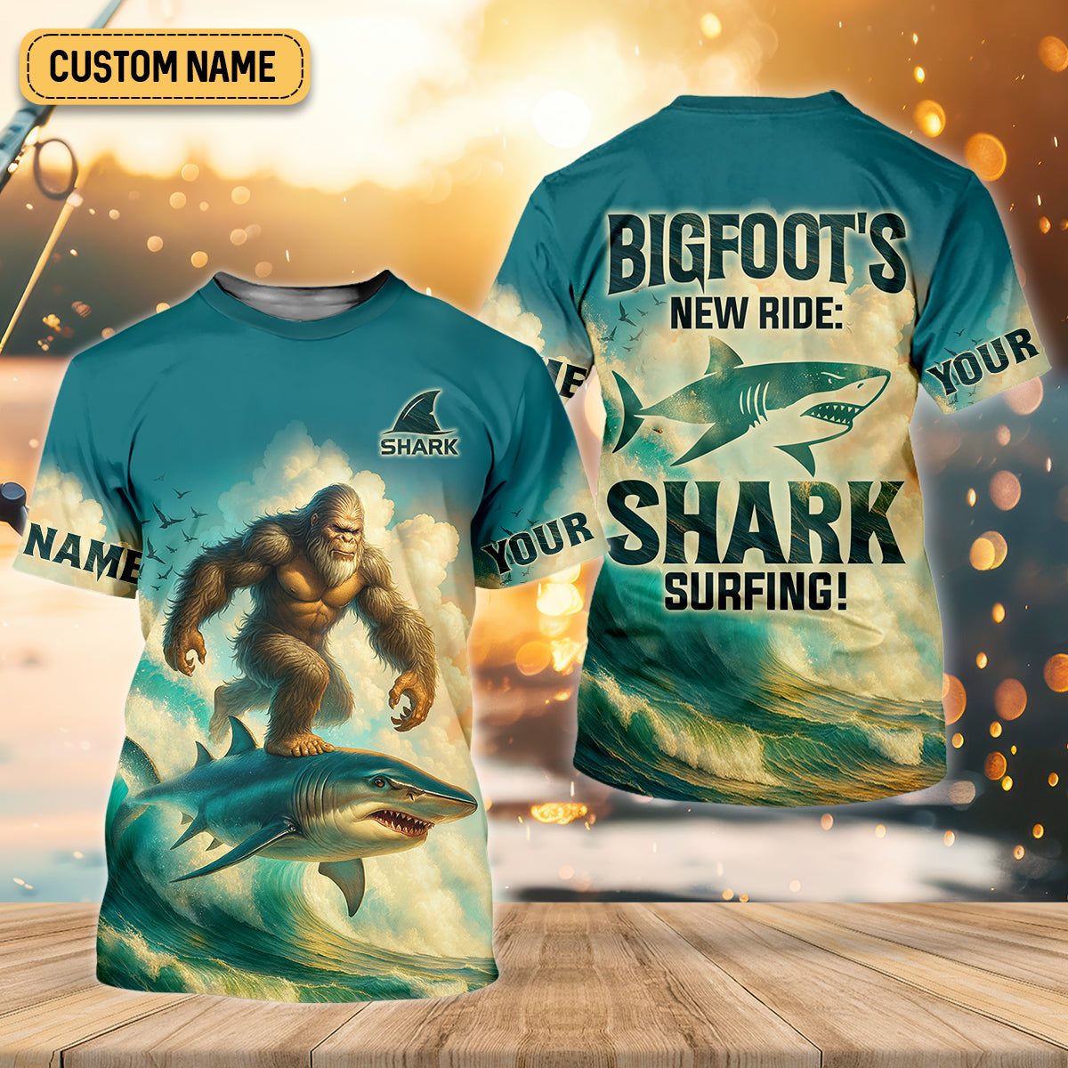 Bigfoot's New Ride Shark Surfing Fishing UPF Shirts, Funny Fishing Shirt, Women Fishing Shirt