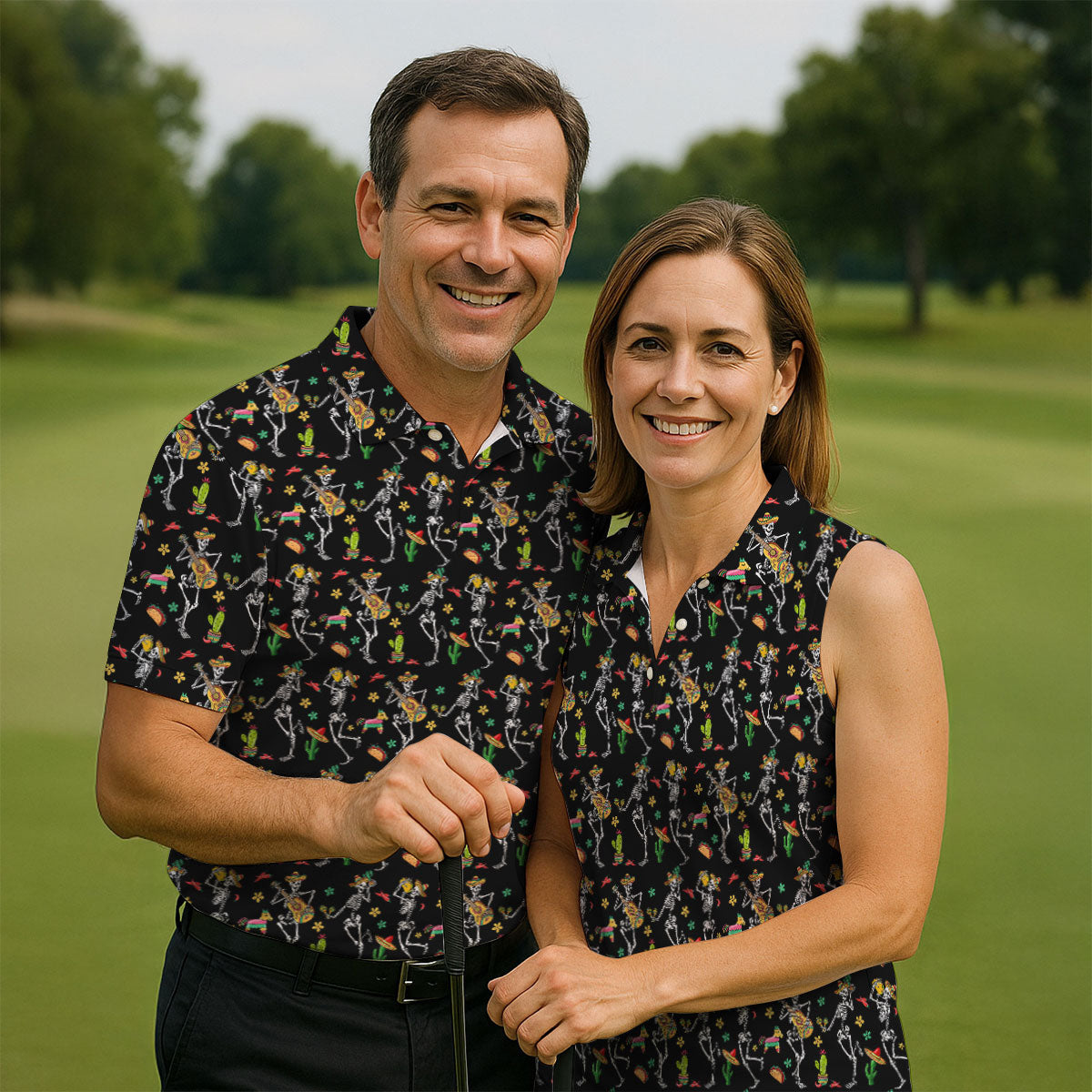 Dia De Muertos Skeletons Cinco De Mayo Celebration Fiesta Themed Black Golf Shirts For Men