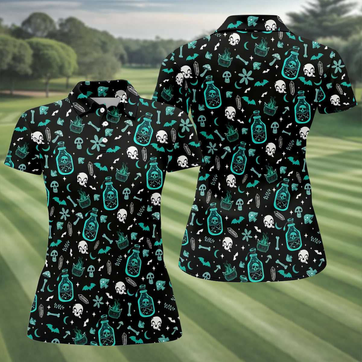 Skull Potion Halloween Pattern Polo Shirt, Golf Tops For Women, Womens Golf Apparel