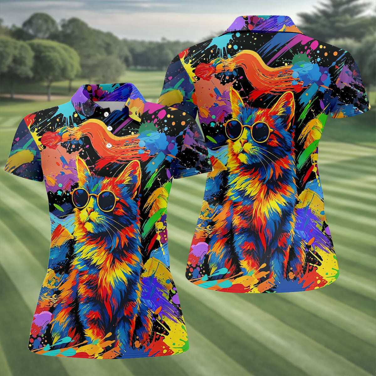 Colorful Cat Sunglasses Paint Splash Golf Shirt, Women's Golf Tops, Performance Golf Shirt