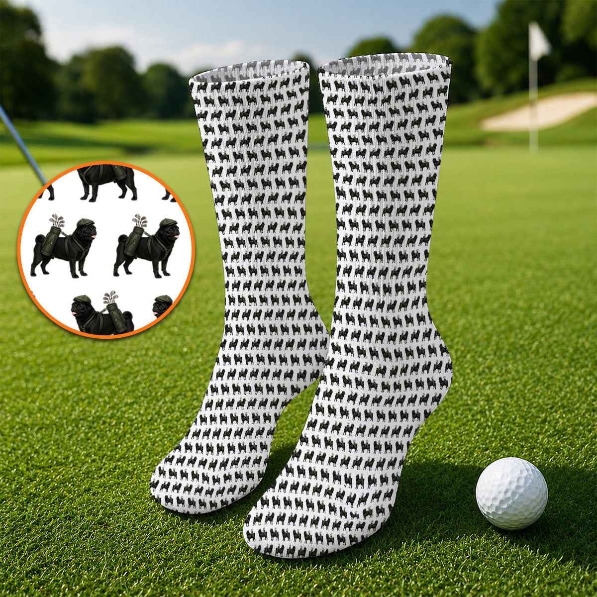 Black Pug Pattern Golf Socks, Funny Pug Golf Sock, Golf Gift For Golfer