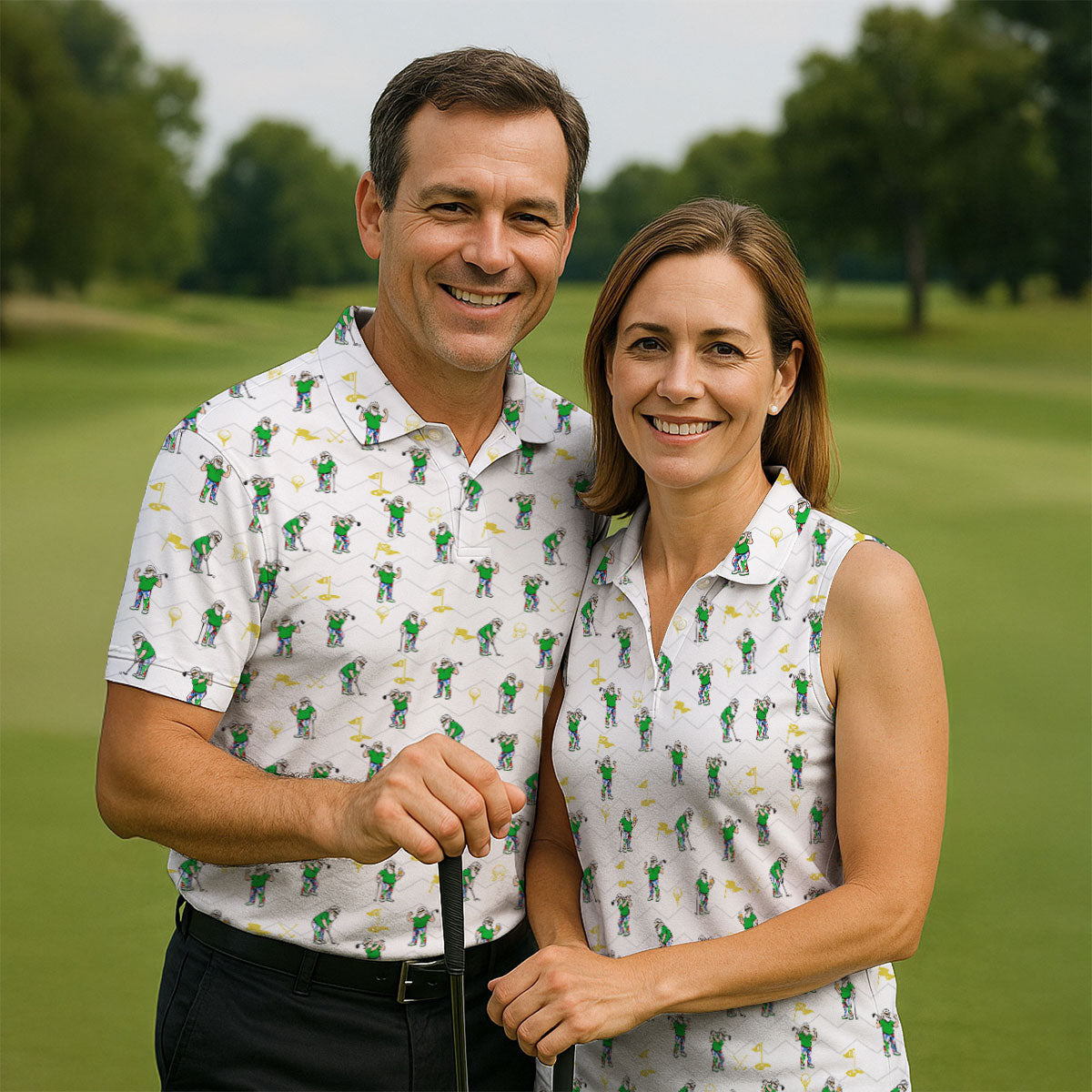 Funny Bearded Golfer Cartoon Pattern Polo Shirt, Womens Golf Tops, Golf Tops For Women