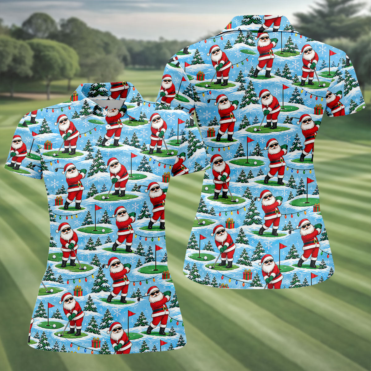 Santa Playing Golf In Snow Christmas Golf Shirt, Womens Golf Tops, Ladies Golf Shirts