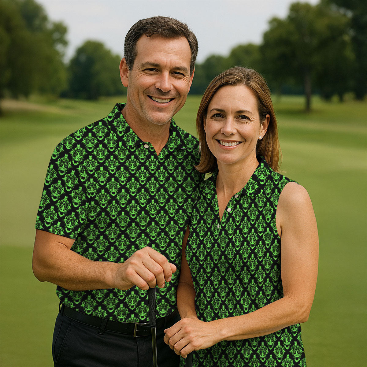 Neon Green Horror Character Pattern Golf Shirt, Mens Golf Polo, Halloween Golf Shirt