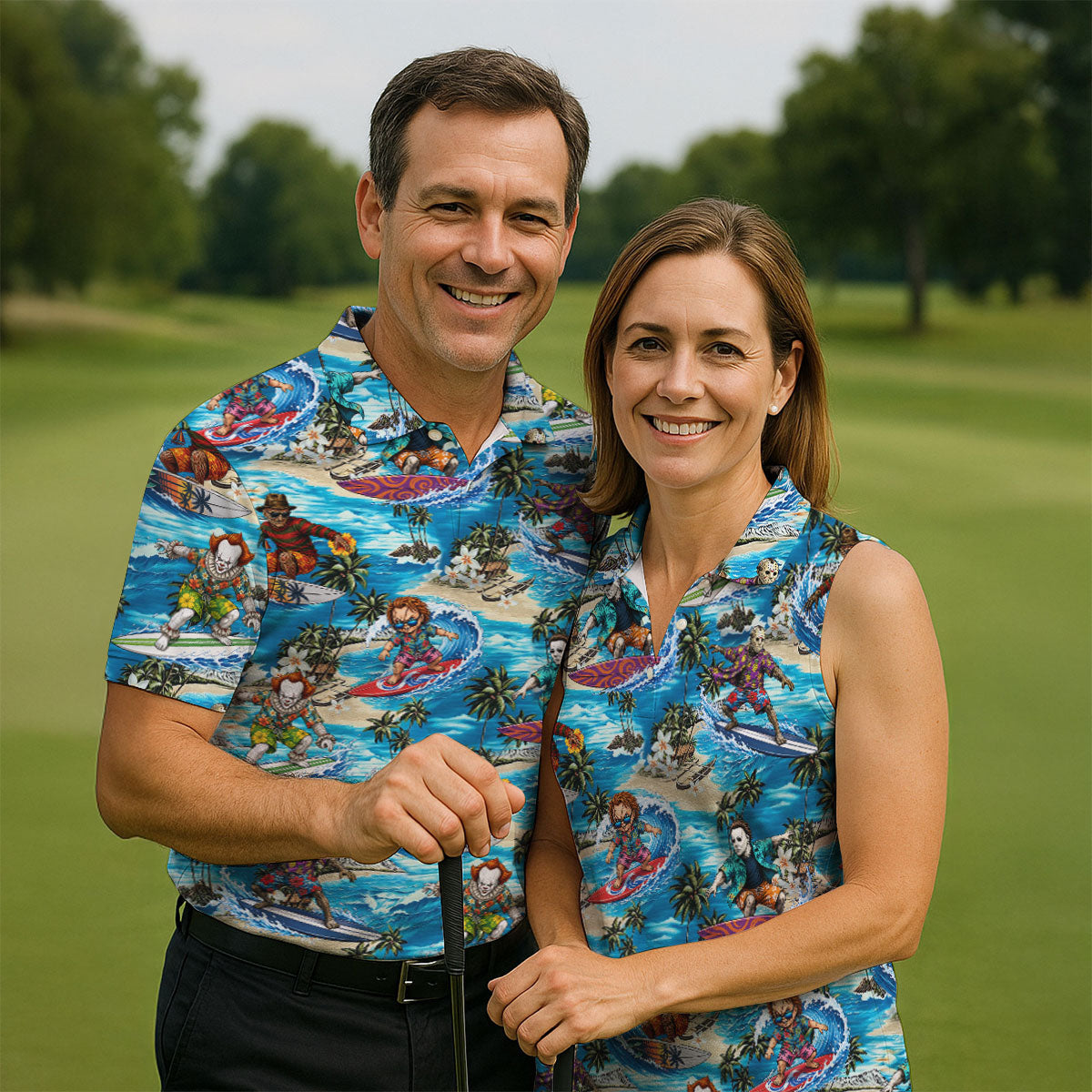 Horror Character Surfing Hawaiian Golf Shirt, Tropical Slasher Golf Shirt, Golf Shirts For Men