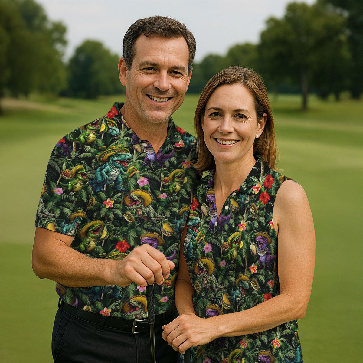 Hawaiian Dinosaur Sombreros Tacos Fun Golf Shirt, Cinco De Mayo Celebration Golf Shirts For Men