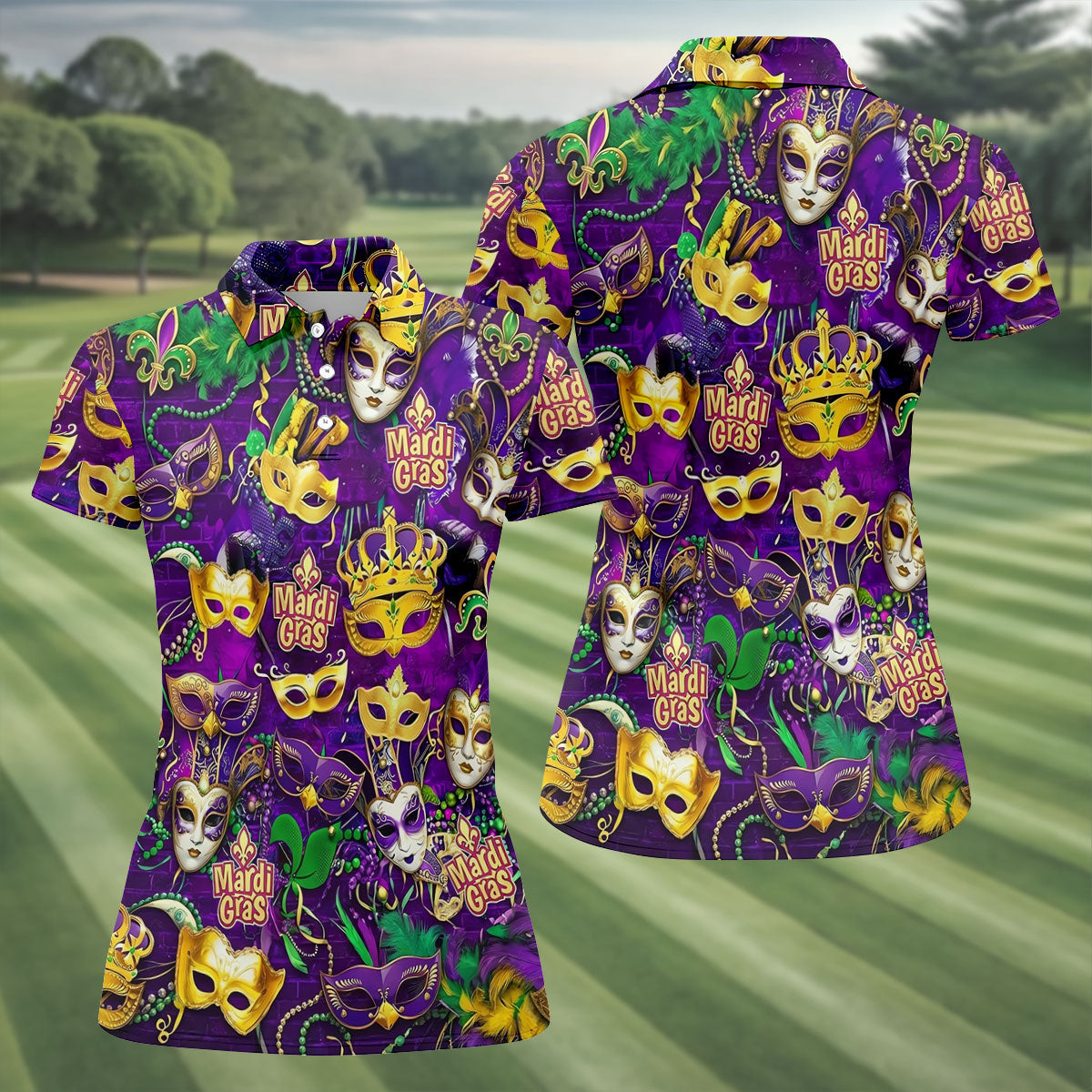 Purple Green Gold Festival Mask Mardi Gras Golf Shirt, Women's Golf Tops, Ladies Golf Polos