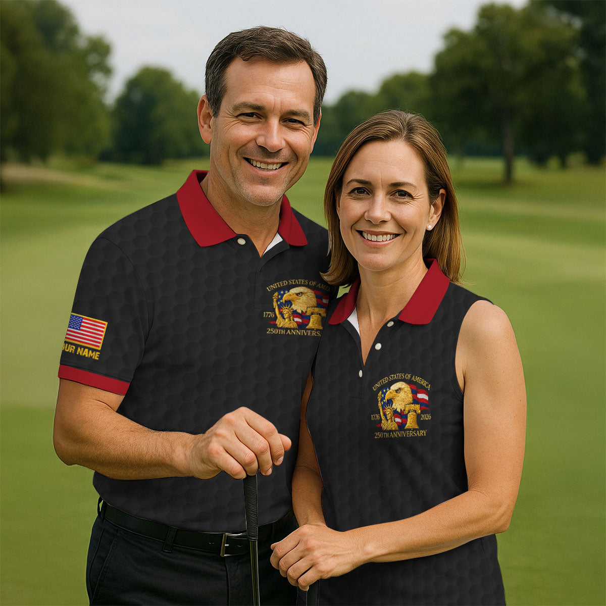 United States 250th Anniversary Patriotic Eagle Black Custom Golf Shirts, 4th Of July Golf Shirt For Women