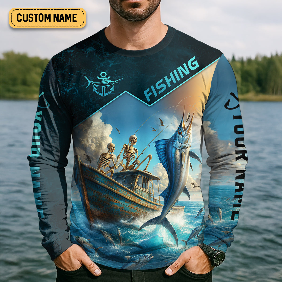 Never Give Up On Your Dreams Funny Skeleton Fishing UPF Shirts, Fishing Gifts For Men, Men's Fishing Shirt