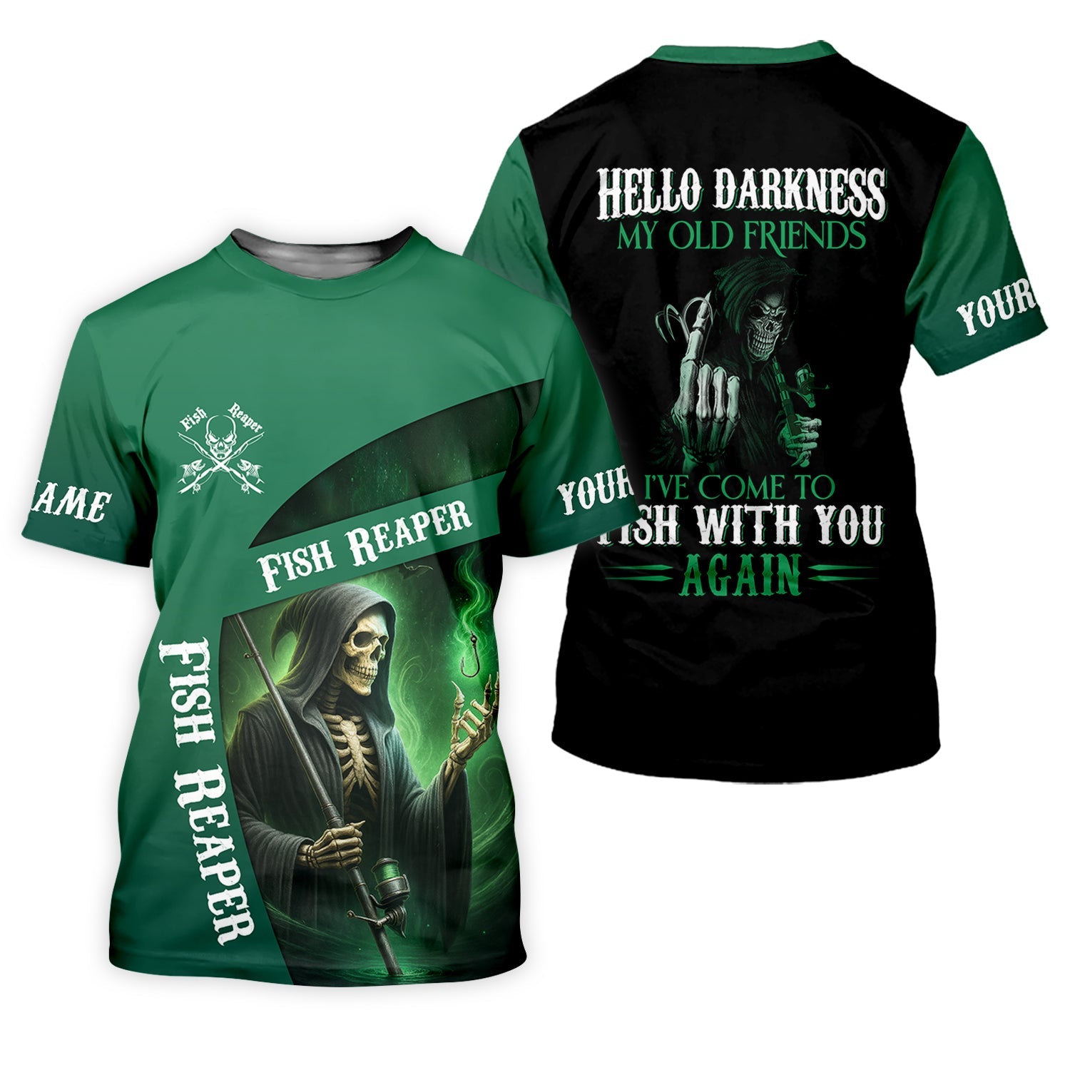 Fish Reaper Fishing UPF Shirts, Best Fishing Gifts, Custom Fishing Shirt, Hello Darkness My Old Friend
