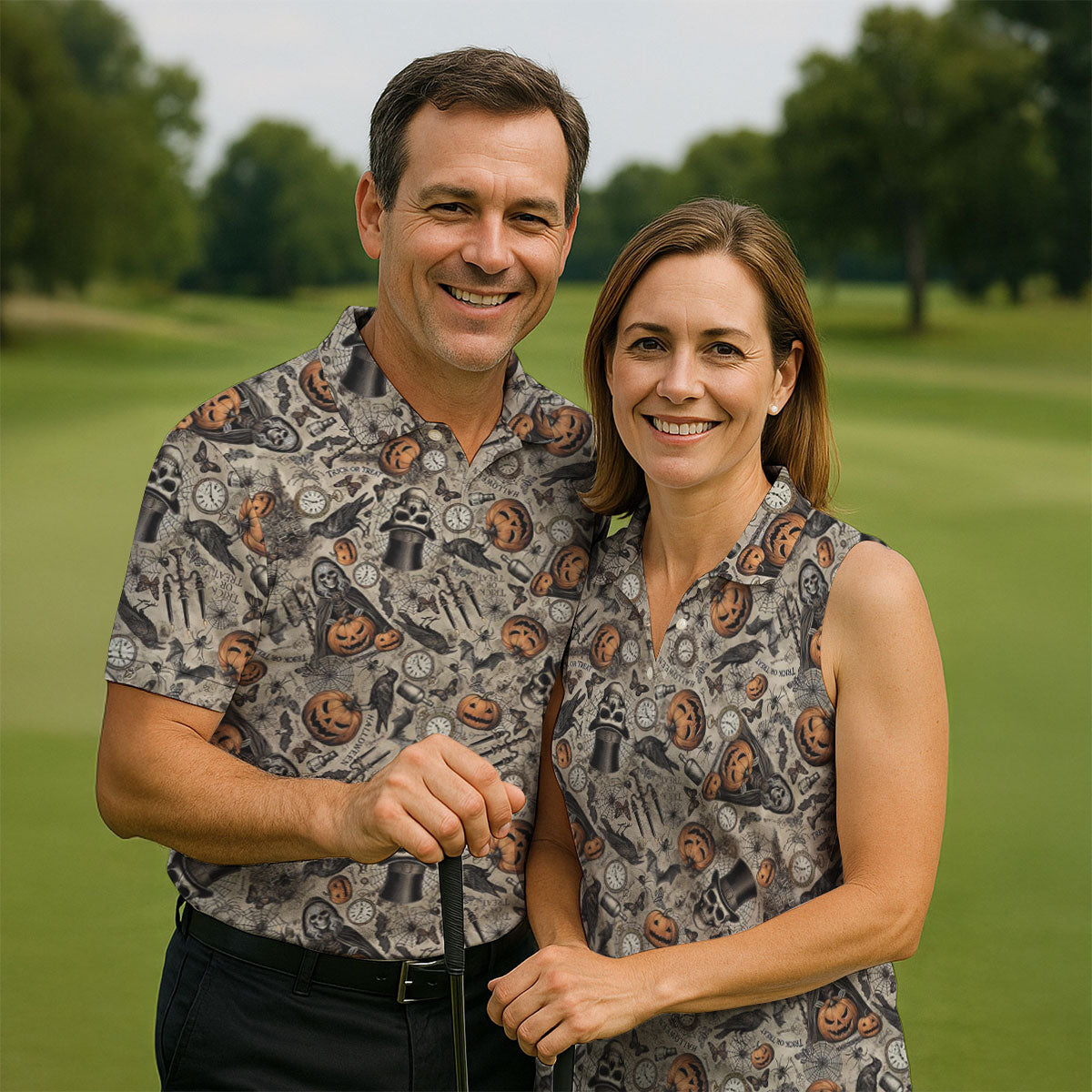 Vintage Pumpkin Skull Halloween Golf Shirt, Golf Shirts For Men, Golf Apparel For Men