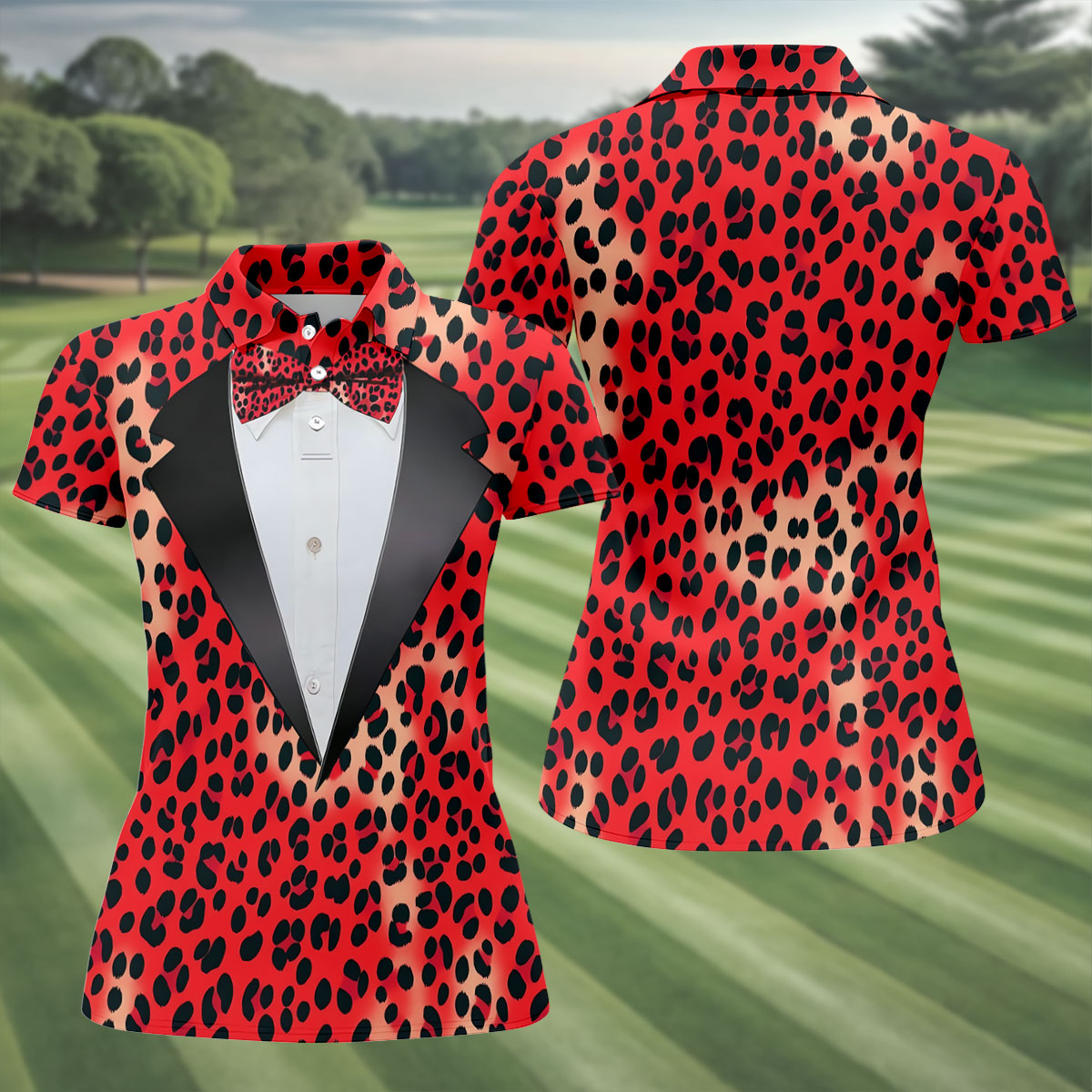 Red Leopard Funny Costume Hawaiian Golf Shirt, Ladies Golf Tops, Golf Shirt For Women