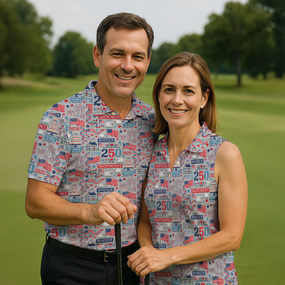 America Independence 250 Years Grey Golf Shirt, Patriotic 4th Of July Golf Shirt For Women