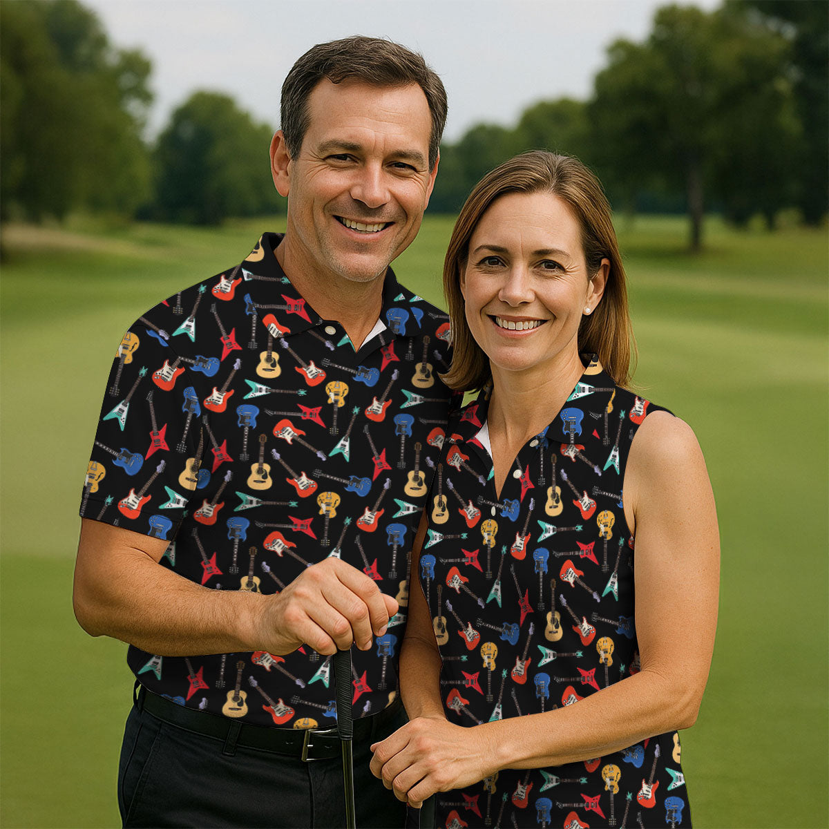 Guitar Pattern Hawaiian Golf Shirt, Music Lover Women's Golf Tops, Ladies Golf Shirts