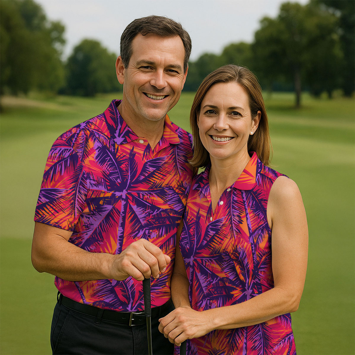 Purple Palm Tree Tropical Island Golf Shirt, Mens Golf Polo, Printed Golf Shirts
