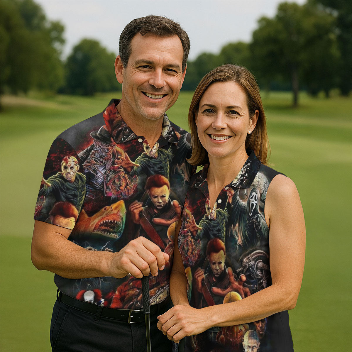 Halloween Horror Character Collage Golf Shirt, Men's Golf Shirt, Hawaiian Golf Shirt
