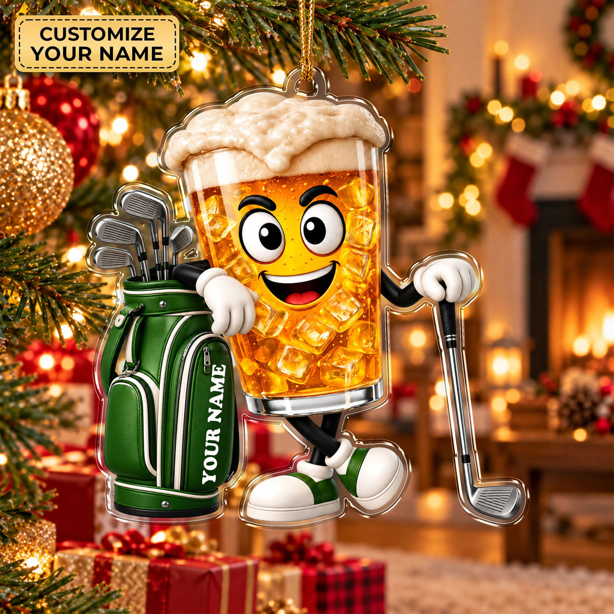 Custom Name Beer Glass Golf Acrylic Ornament, Golf Lover Gifts, Christmas Ornaments