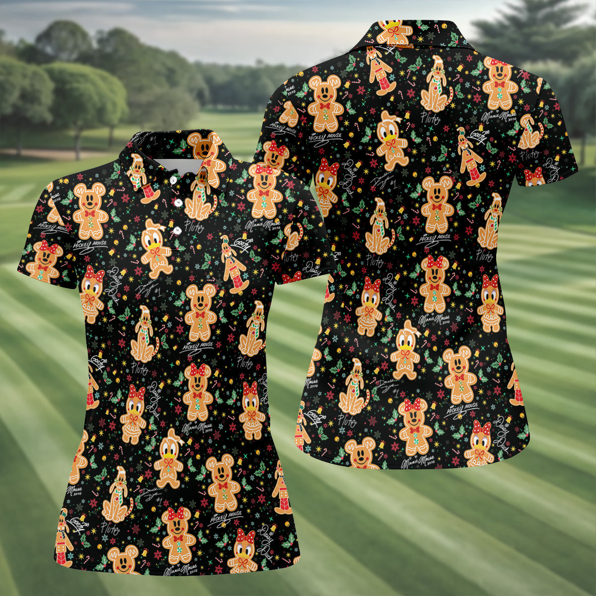 Cute Gingerbread Classic Cartoon Characters Christmas Golf Shirt, Black Golf Shirt, Women's Golf Tops