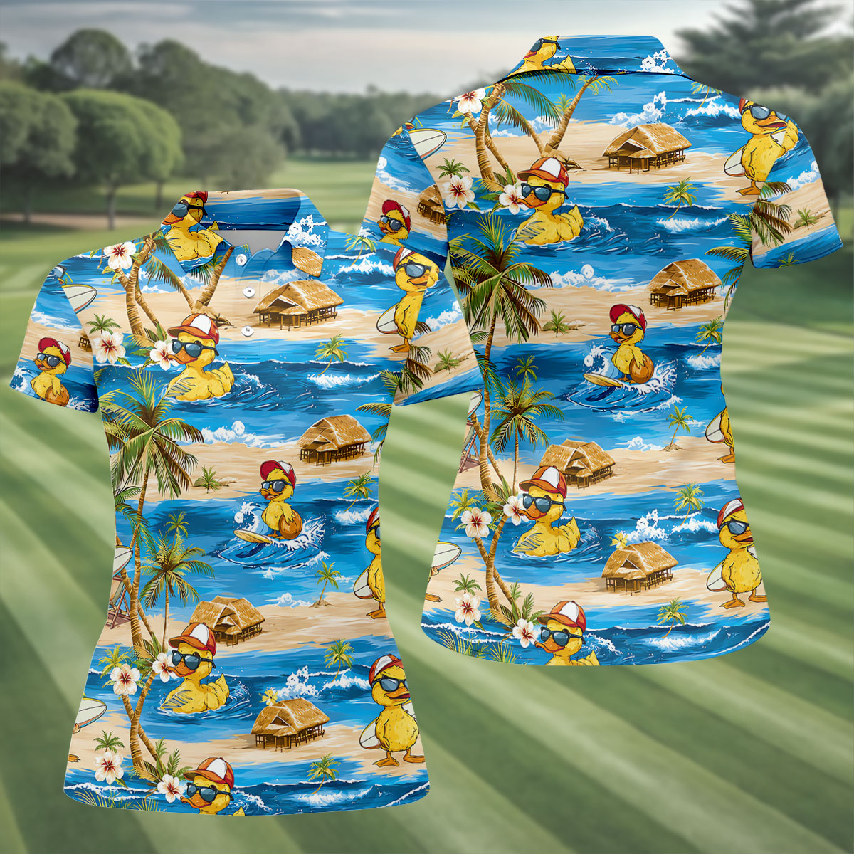 Cool Duck Hawaiian Golf Shirt, Surfing Duck Beach Women's Golf Polo, Polo Shirts For Women