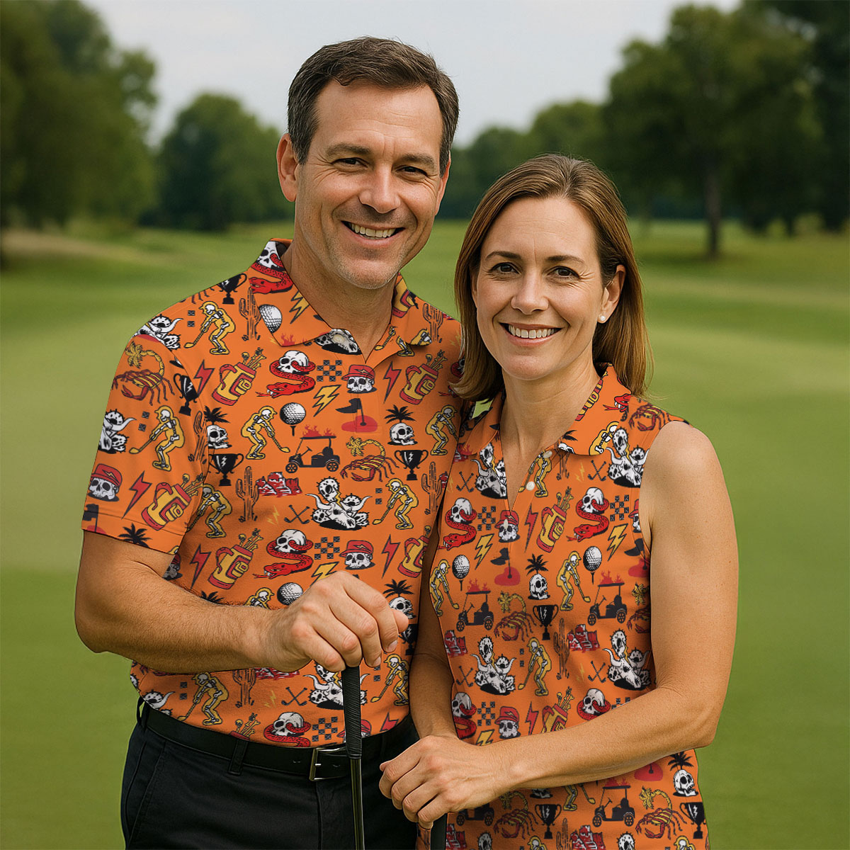 Horror Pattern Orange Halloween Golf Tops For Men, Fun Golf Shirts For Men, Halloween Gift Idea