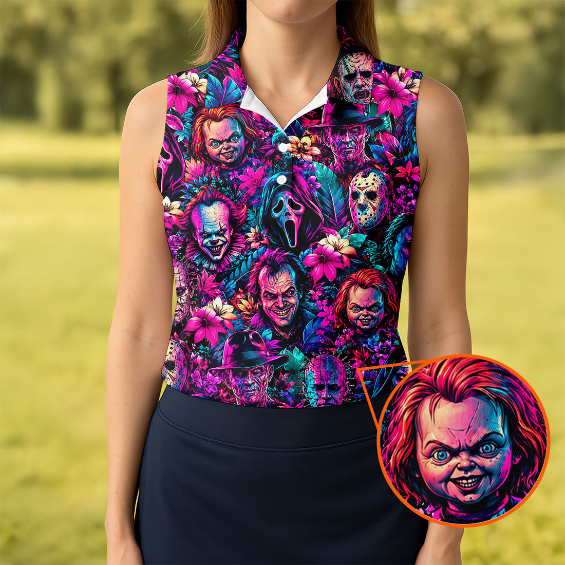 Neon Floral Horror Character Halloween Golf Shirt, Golf Shirts For Women, Women's Golf Apparel